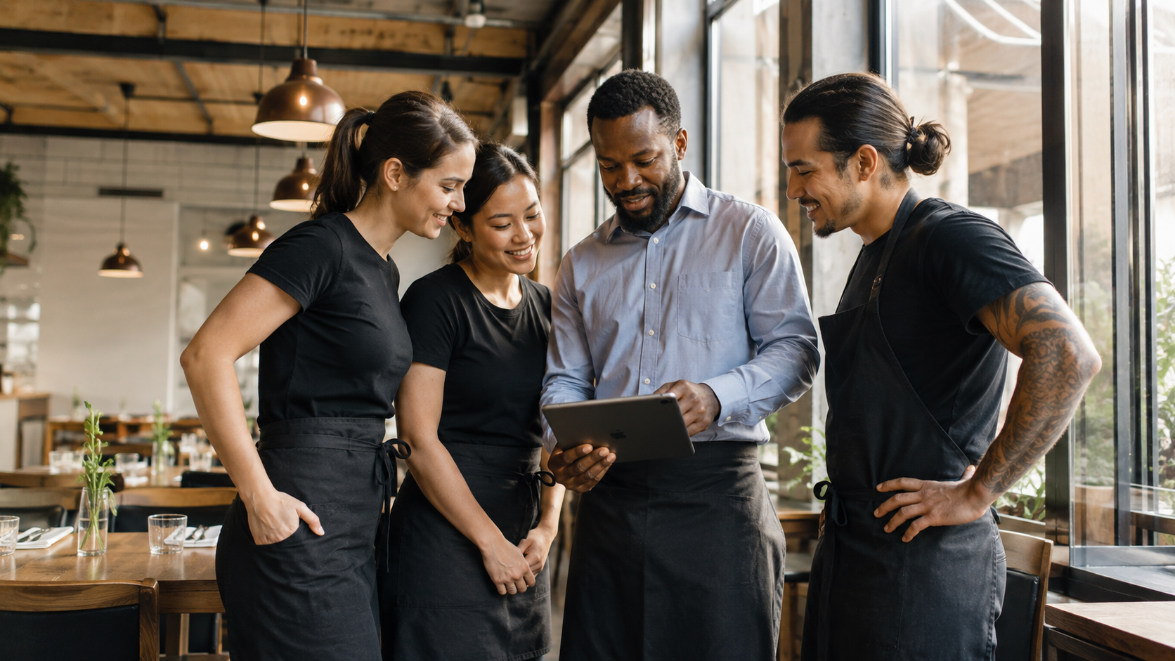 Restaurant team reviewing a schedule